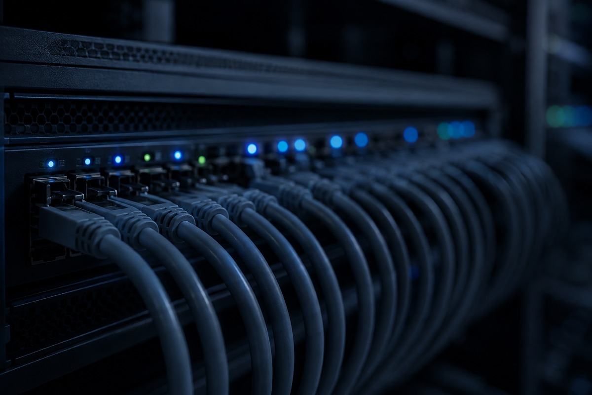 データセンター内のスイッチに整然と接続されたネットワークケーブルと、青く光るポートのステータスランプ